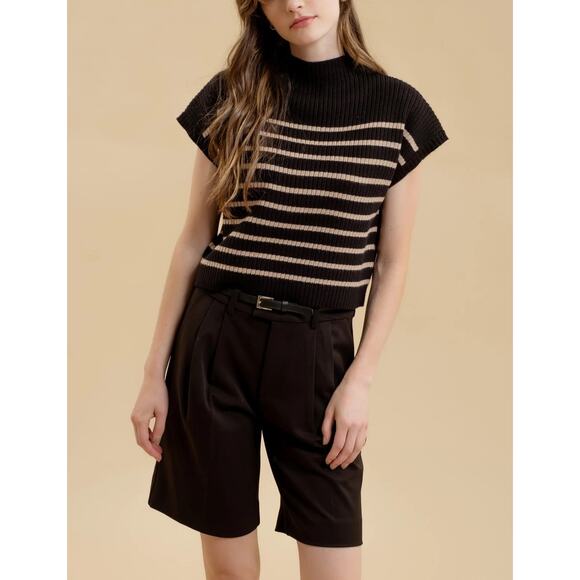 Blu Pepper Black Beige Striped Funnel Neck Sweater Cap Sleeve Knit Top Size L - Picture 1 of 7